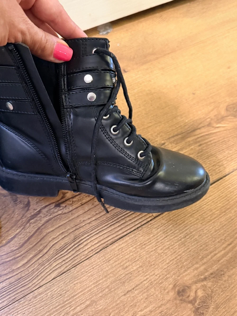 Black Girl's Lace-Up Combat Boots with Star-Accent Strap